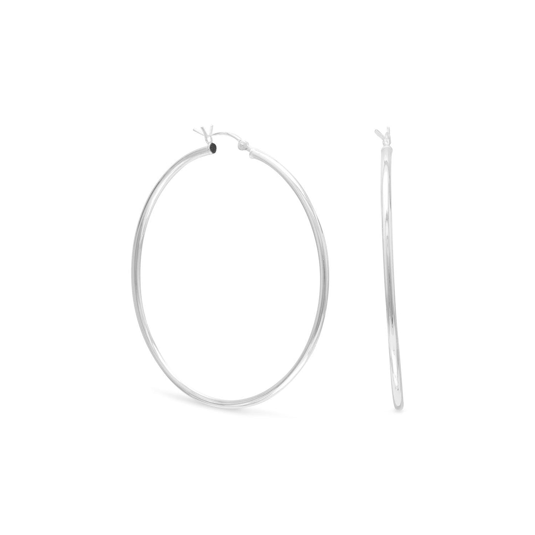 Introducing our exquisite 2mm x 50mm hoop earrings with click hoop closure, crafted from premium .925 Sterling Silver. These earrings are designed with ease of use in mind, featuring a convenient click hoop closure that ensures a secure fit.