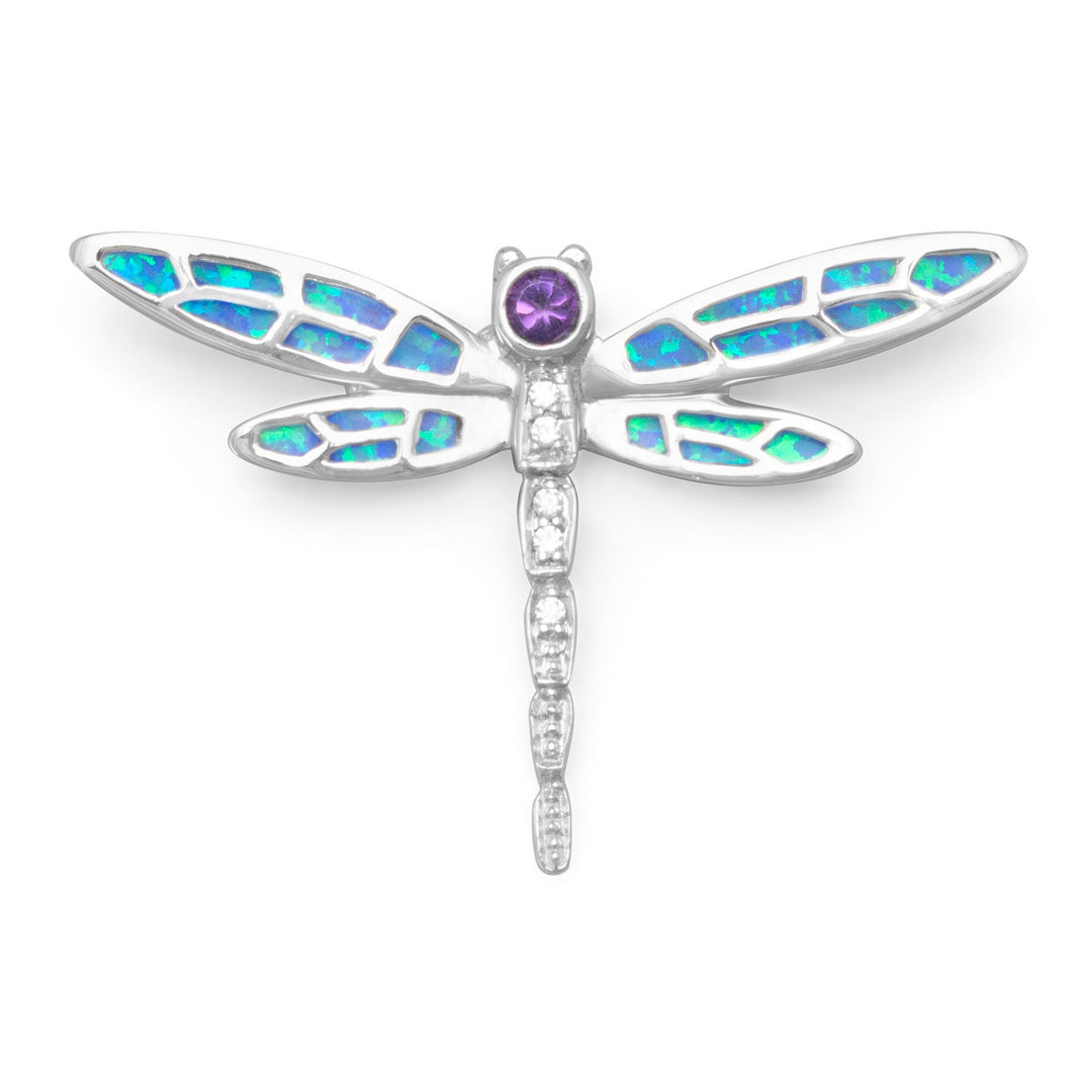 Sterling silver dragonfly slide with inlay synthetic blue opal, 3mm bezel set lavender and 1.5mm clear CZs. The slide measures 43mm x 29mm. .925 Sterling Silver