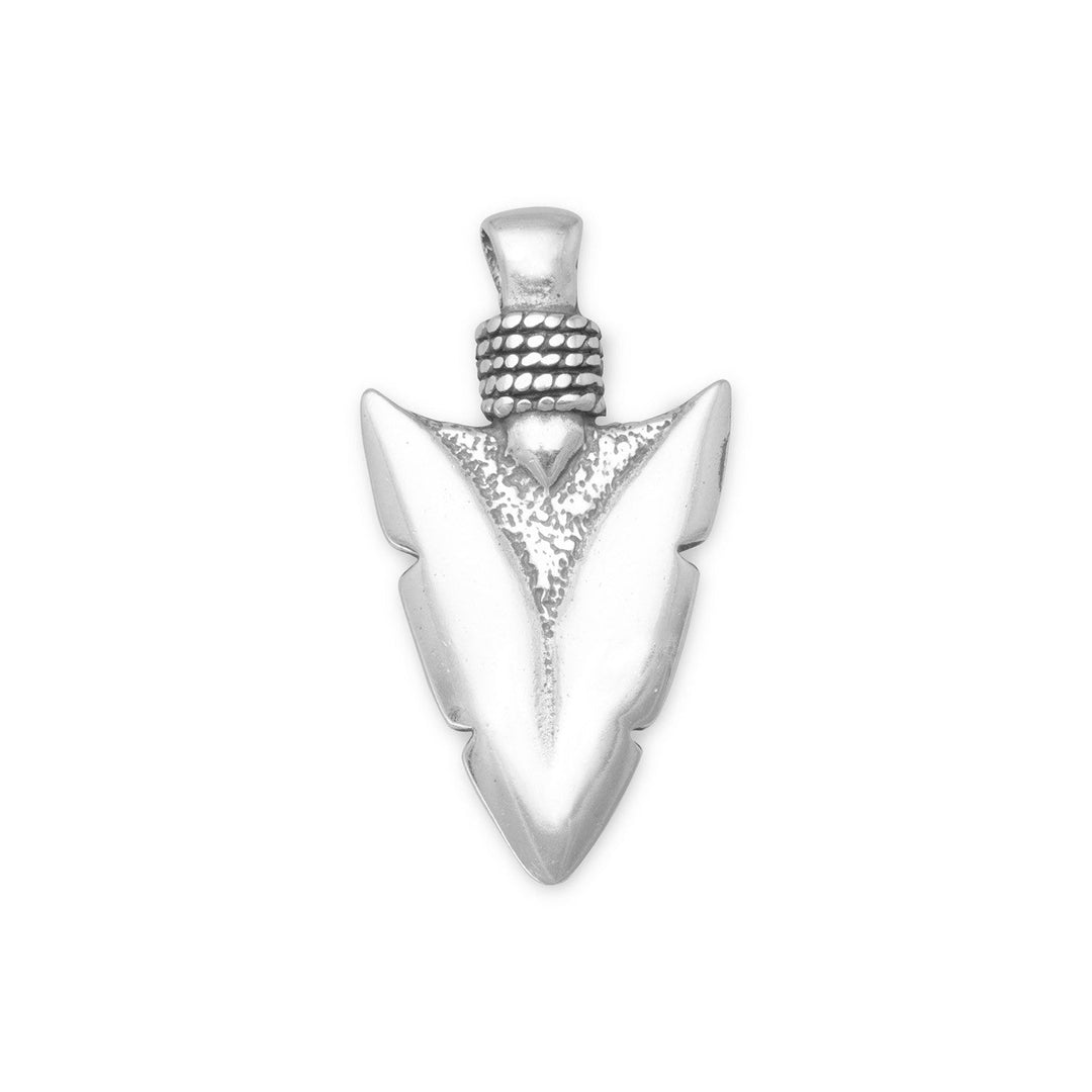 Oxidized sterling silver double sided arrowhead pendant. Measures 32.5mm x 18mm. .925 Sterling Silver