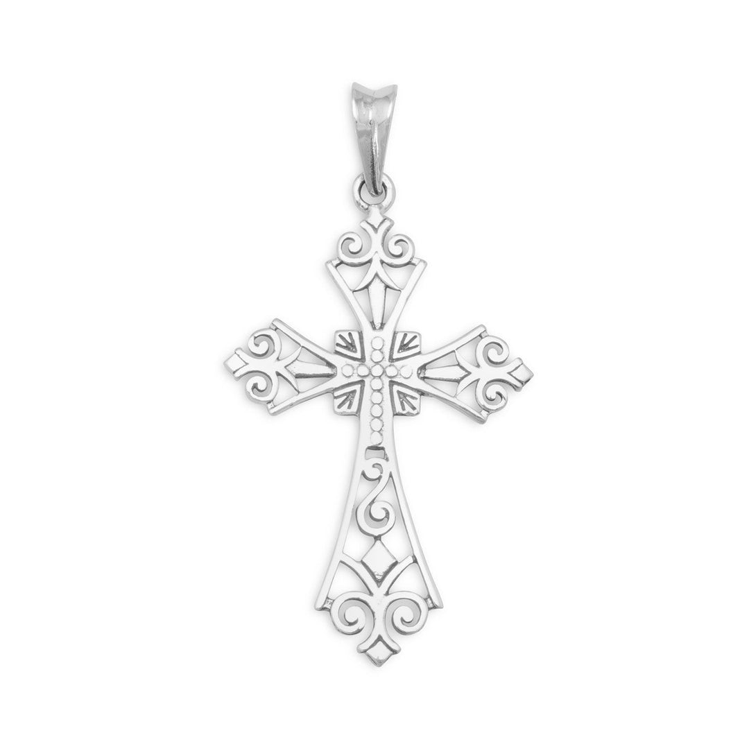 Oxidized sterling silver ornate cross pendant. The cross measures 22mm x 40mm. .925 Sterling Silver