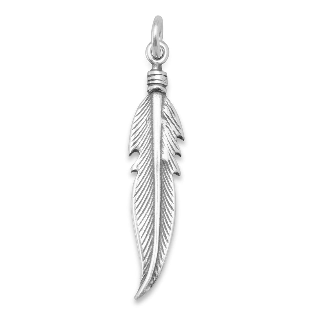 Oxidized sterling silver 3D feather charm. Measures 6mm x 34mm.<br>.925 Sterling Silver