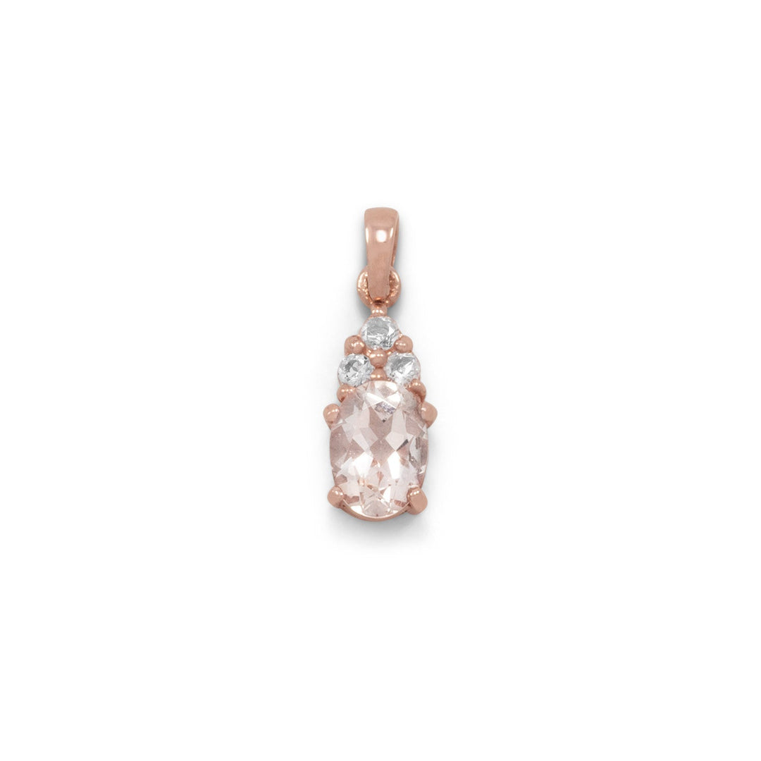 14 karat rose gold plated sterling silver pendant with 5mm x 7mm oval morganite and three 1.5mm white topaz. The pendant hangs approximately 16mm. .925 Sterling Silver