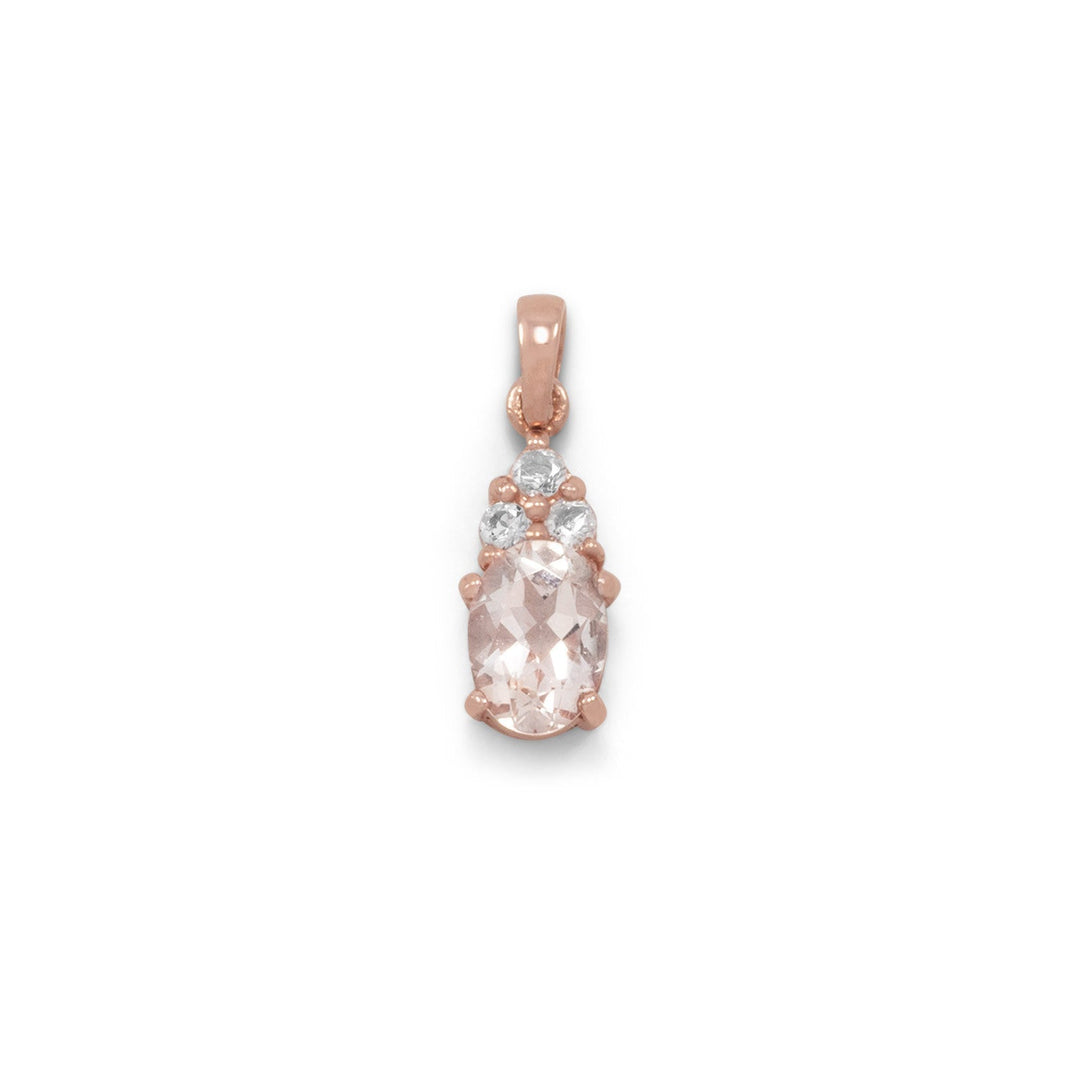 14 karat rose gold plated sterling silver pendant with 5mm x 7mm oval morganite and three 1.5mm white topaz. The pendant hangs approximately 16mm. .925 Sterling Silver