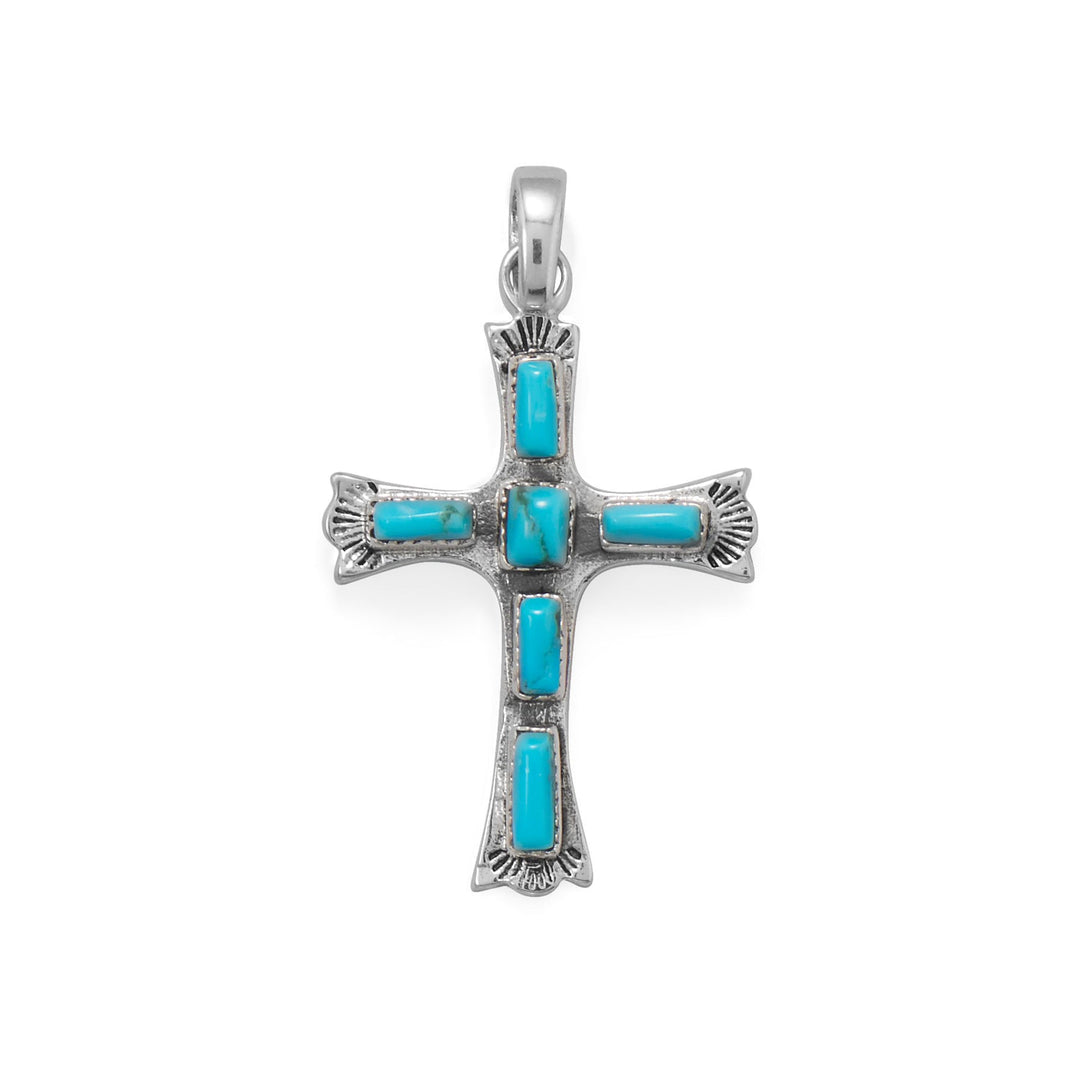 Oxidized sterling silver pendant features 6 rectangle reconstituted turquoise pieces. Largest, center turquoise piece measures 4mm x 3mm, and accent turquoise pieces measure 5mm x 2mm. Total pendant measures 40mm x 23mm.<br>.925 Sterling Silver&nbsp;