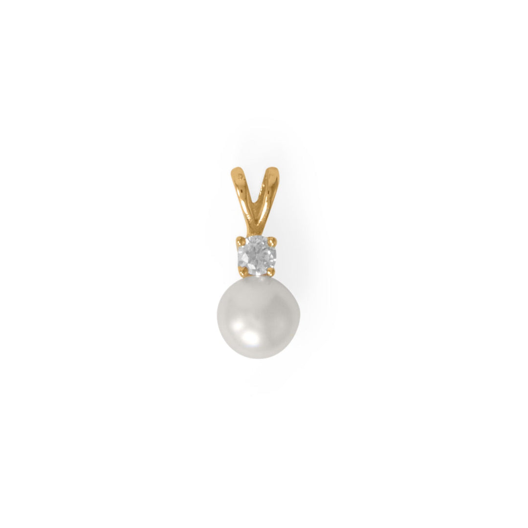 Brides, bridesmaids and wedding guests will all want this lovely little pendant dressing up their necklines. 14 karat gold plated sterling silver slide features a 3mm Cubic Zirconia layered on a 6.5mm cultured freshwater pearl. Total hanging length is approximately 14.5mm. .925 Sterling Silver 