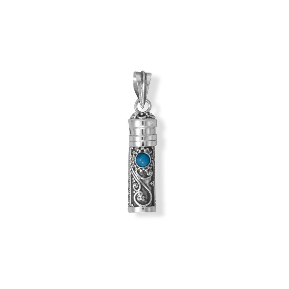 Perfect to store tender tokens like cremains, a lock of hair, or even a small note/prayer. Oxidized sterling silver urn pendant measures 32mm x 8mm and features 3.5mm reconstituted turquoise and artistic accents. Handmade items will have slight variances.  Handcrafted in exotic Bali, Indonesia  .925 Sterling Silver