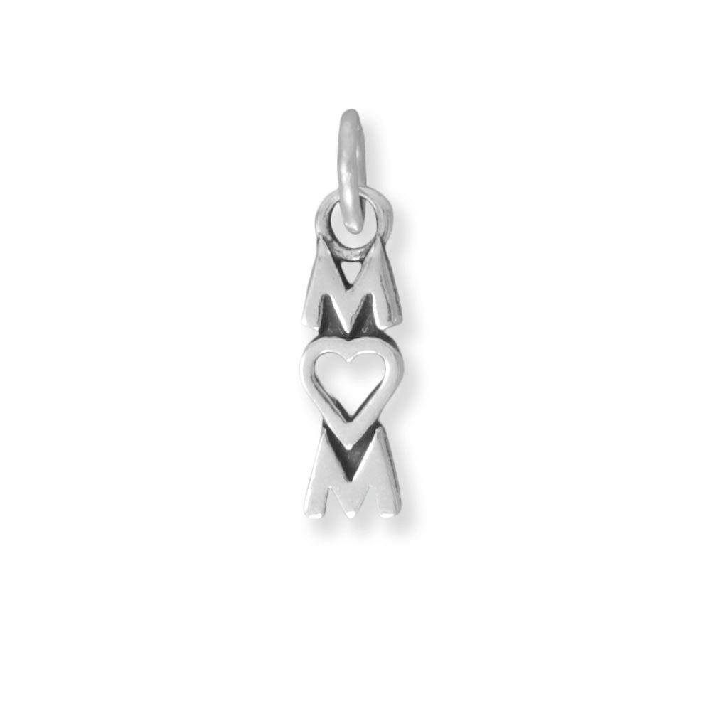 Our "MOM" charm is a stunning piece of jewelry made from .925 sterling silver with an oxidized finish that adds sophistication. The heart in the center represents a mother's love, while the "MOM" inscription symbolizes the strong bond between a mother and child. Measuring 17.1mm x 5.6mm, it pairs perfectly with our oxidized sterling silver necklaces. This timeless piece is a perfect gift for any occasion, showing your mother how much you care.