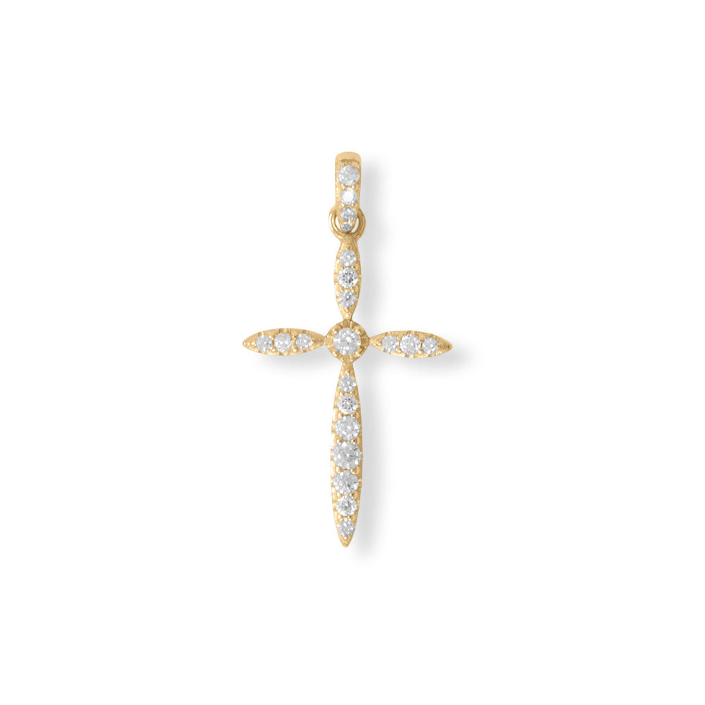 Introducing our 14 karat gold plated sterling silver cross pendant. This dainty cross pendant is adorned with sparkling cubic zirconias, ranging from 1.2-2.0mm in size. Crafted from high-quality .925 sterling silver, this pendant is plated with 14k gold to enhance its durability and longevity.  Measuring 25.5mm x 15.6mm, this cross pendant is the perfect size to catch the attention of onlookers without being too overpowering.