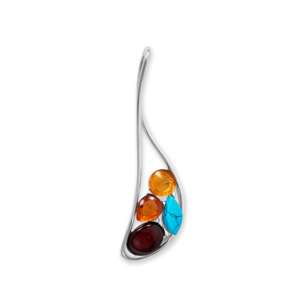Rich amber + Classic turquoise = Perfect contrast. Sterling silver slide pendant has an oblong cutout design with multi-color genuine Baltic amber and reconstituted turquoise. Amber is 6mm, 6.5mm x 5.5mm and 8.8mm x 6.5mm and turquoise is 9mm x 4mm. Total pendant measures 47.7mm x 13mm. Genuine Baltic amber is from Poland .925 Sterling Silver