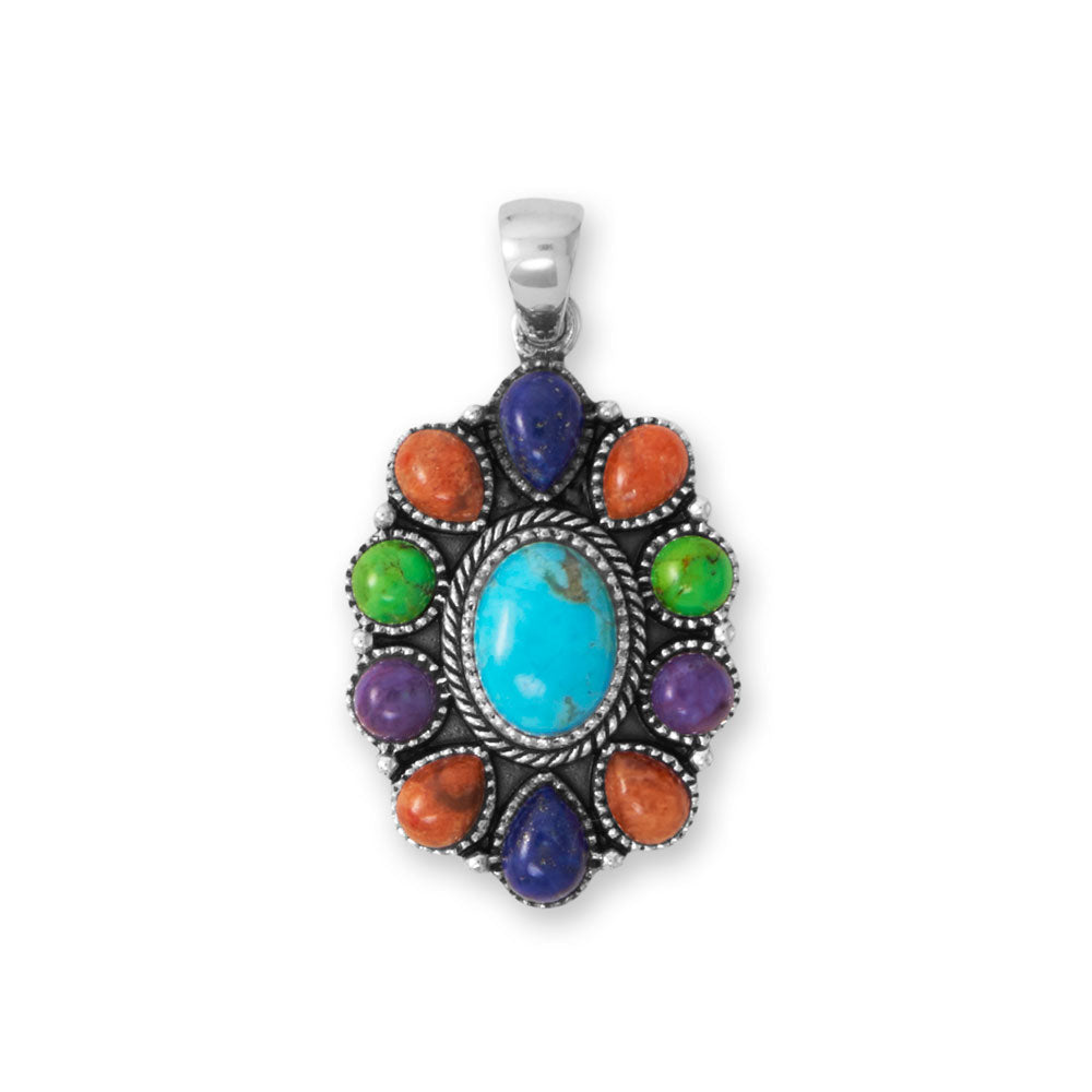 The perfect pendant for spring! Oxidized sterling silver pendant is created with blue reconstituted turquoise, coral, lapis, and green and purple reconstituted turquoise. The center stone is 10mm x 7.5mm, 6mm x 4.5mm lapis, 5.5mm x 4mm coral, and 4.5mm green and purple turquoise. Pendant has a hanging length of 38mm. .925 Sterling Silver