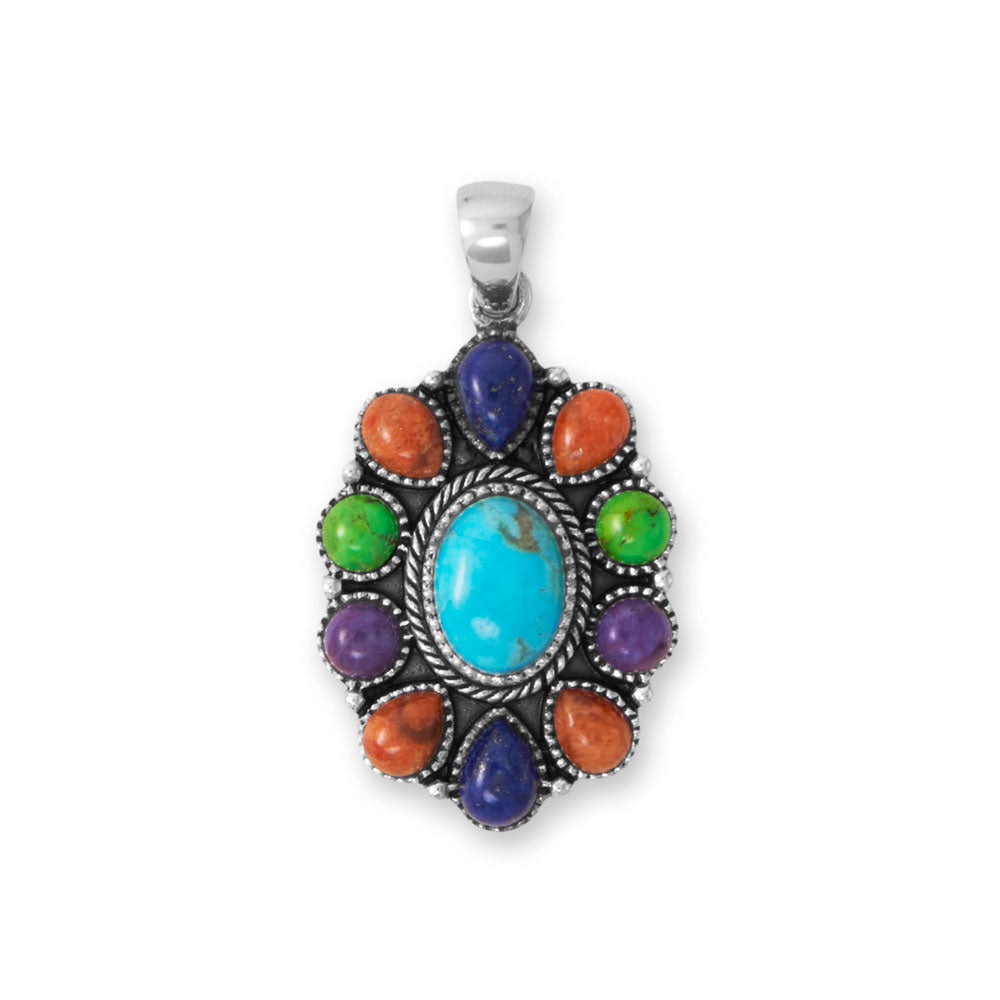 The perfect pendant for spring! Oxidized sterling silver pendant is created with blue reconstituted turquoise, coral, lapis, and green and purple reconstituted turquoise. The center stone is 10mm x 7.5mm, 6mm x 4.5mm lapis, 5.5mm x 4mm coral, and 4.5mm green and purple turquoise. Pendant has a hanging length of 38mm. .925 Sterling Silver    