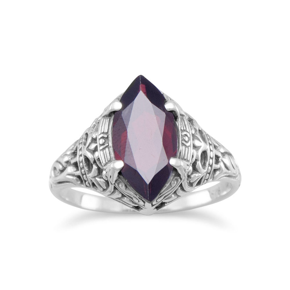 Oxidized sterling silver vintage style ring with 15mm x 7mm marquise garnet. Available in whole sizes 5-10. .925 Sterling Silver
