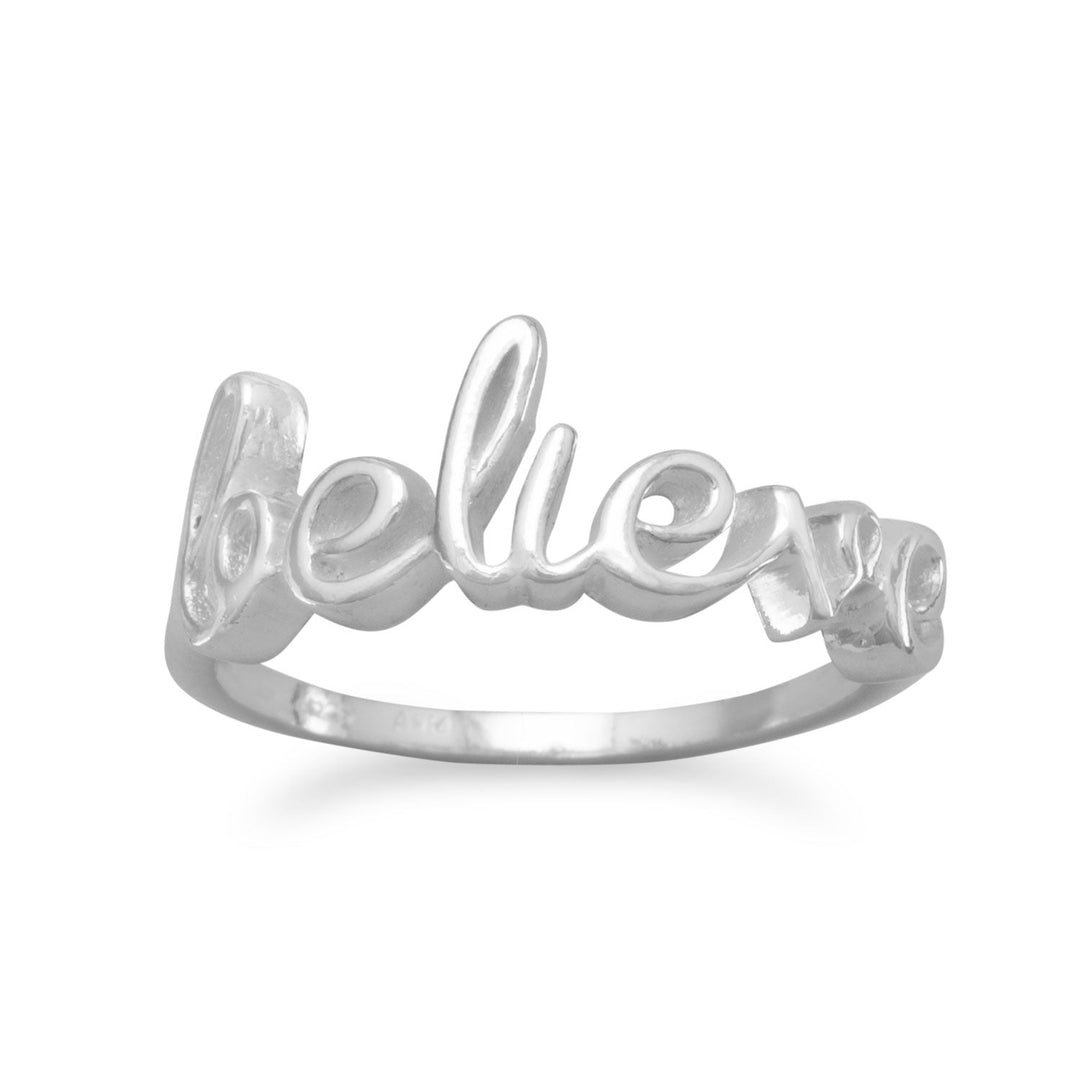Introducing our exquisite polished sterling silver "believe" ring. Crafted with precision, the 1.5mm band showcases a captivating script message measuring 7.5mm x 20mm. Embrace the empowering beauty and let this inspirational piece elevate your style. Complete your ensemble with our stunning .925 sterling silver collection.