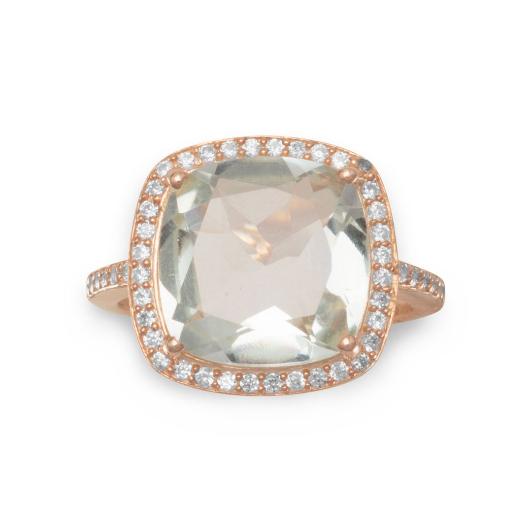 Indulge in the luxurious elegance of our 14 karat rose gold plated sterling silver ring. Featuring a stunning 15mm square faceted prasiolite, surrounded by sparkling cubic zirconias, this piece is a true statement of sophistication. The band measures approximately 1.5mm, crafted from .925 sterling silver for a timeless and enduring quality. Elevate your style with this exquisite ring, perfect for any occasion.