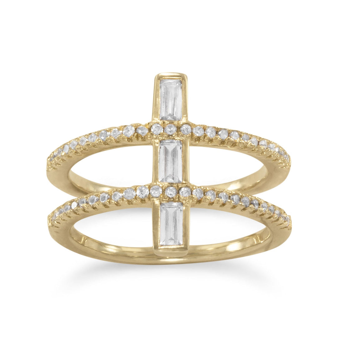 Introducing our Dazzling Beauty ring, a masterpiece of opulence. Crafted from 14 karat gold plated sterling silver, adorned with 1.1mm cubic zirconias, and featuring two mesmerizing 2mm x 4mm rectangle cubic zirconia baguettes. Available in sizes 6-10, this ring is the epitome of luxury. Complete your ensemble with our exquisite gold and cubic zirconia jewelry collection.