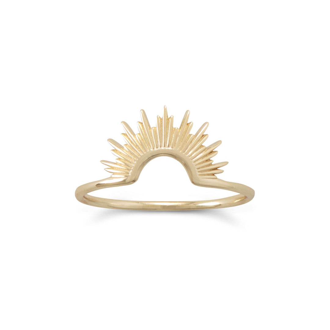 Introducing our stunning 14 karat gold plated sterling silver ring, featuring an intricate sun design that is sure to catch the eye. The ring boasts a 1.2mm wide band, providing a light and comfortable fit for everyday wear. Available in whole sizes 5-9, this ring can be worn alone as a statement piece or stacked with another sunburst ring to create a full sun design.