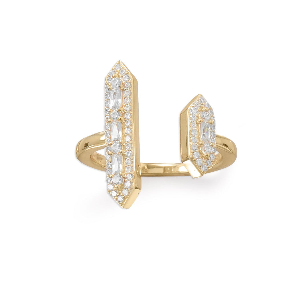 Lots of glitz with this 14 karat gold plated sterling silver ring. Double bars shine with 1.5mm x 3mm baguette CZ's surrounded by 1.5mm CZ halos. Bars measure 20.8mm and 11.6mm in height and 4.4mm wide. Band is 1.8mm. Available in whole sizes 6-9.<br>.925 Sterling Silver<br>&nbsp;