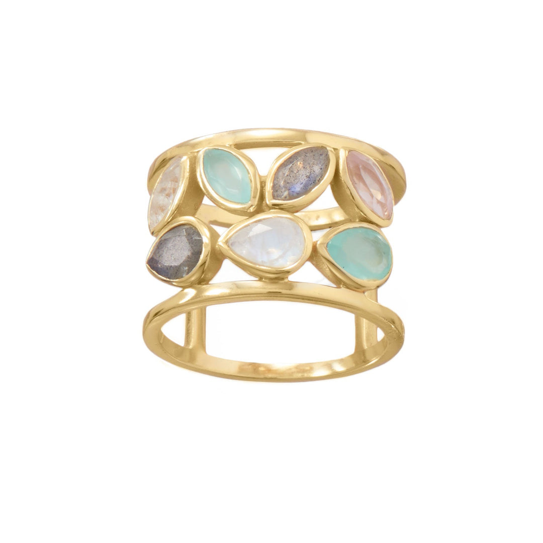 Introducing our stunning pastel palette ring! Crafted with love, this 14 karat gold plated sterling silver beauty showcases the exquisite beauty and value of rose quartz, rainbow moonstone, labradorite, and sea green chalcedony gemstones. With marquise and pear shapes, this 14mm wide band is a perfect addition to your collection. Available in sizes 6-10, it pairs flawlessly with our gold and gemstone jewelry collection. Elevate your style with this bold statement piece!