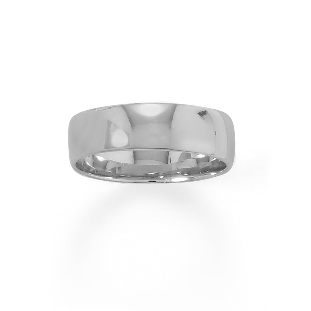 Elevate your style with this exquisite rhodium plated sterling silver band. Its 6mm width exudes elegance, while the shimmering silver adds a touch of opulence. Available in sizes 5-12, this versatile piece is perfect for both men and women, drawing attention to their hands.