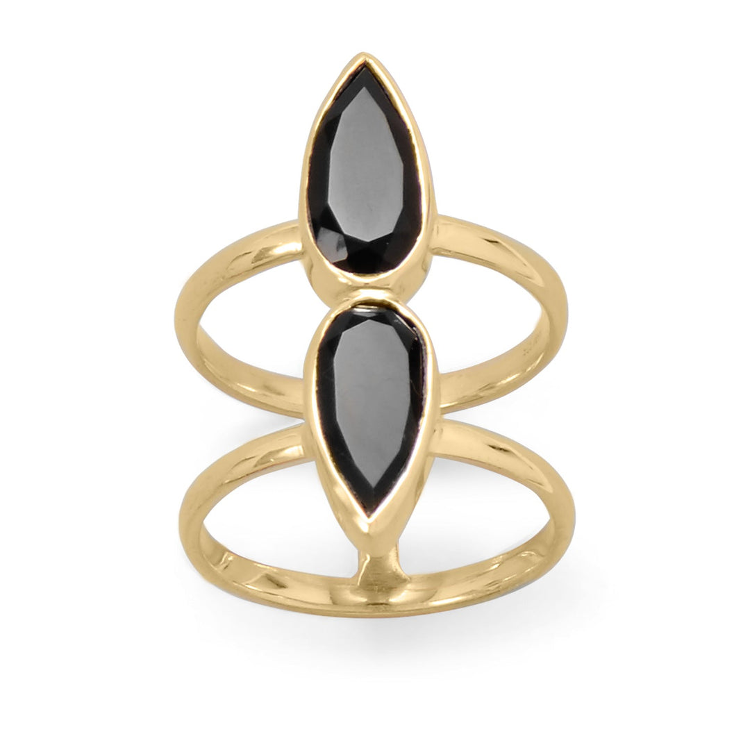 Make a statement with our stunning 14 karat gold plated sterling silver ring featuring two pear shaped black onyx stones. The contrast between the black onyx and gold plating is simply breathtaking. Available in sizes 6-10, this ring pairs perfectly with our gold and black onyx jewelry collection. Made with .925 Sterling Silver.