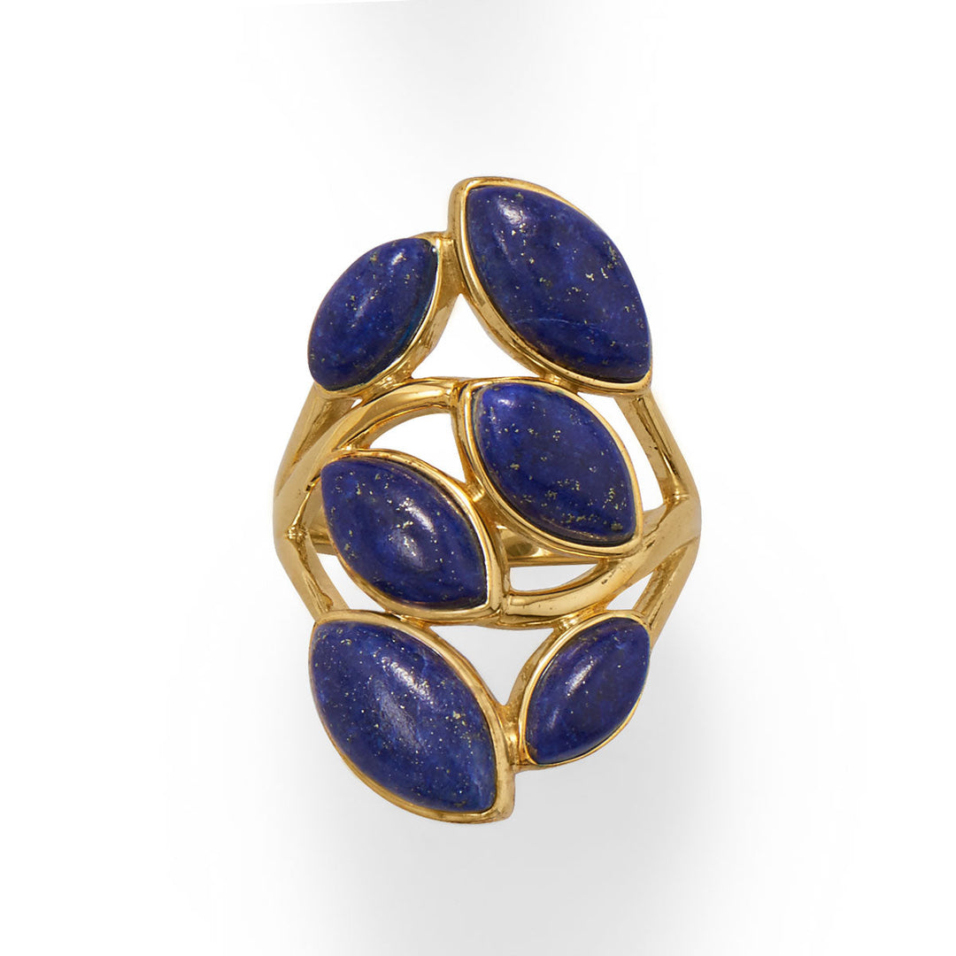 Luxurious 14 karat gold plated sterling silver ring features 6 marquise shape lapis stones. Stones measure approximately 8mm x 5mm, 10mm x 6mm and 12mm x 7mm. Total design measures 31.5mm x 17mm on a 2mm band. Available in whole sizes 6-10.