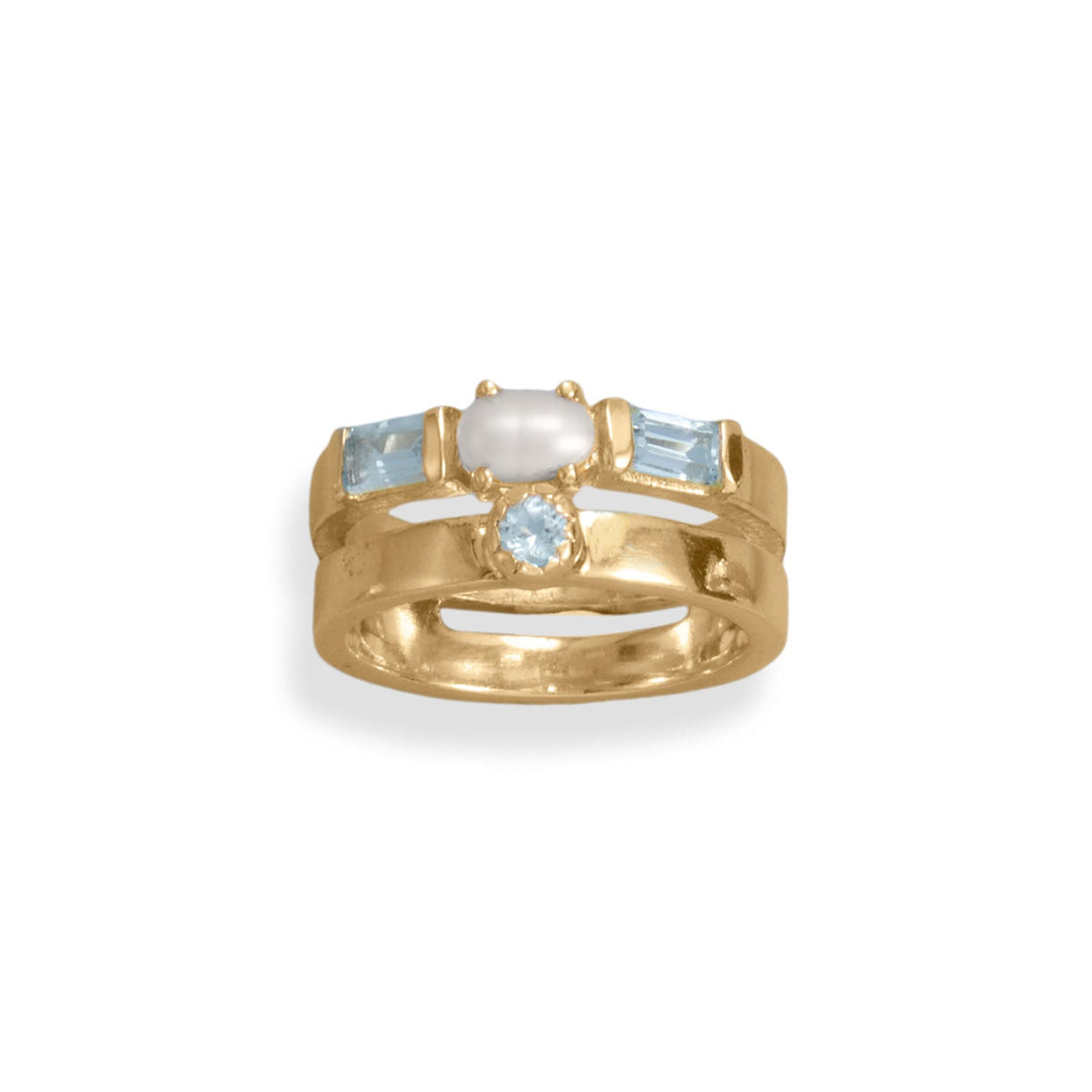 bride's special day. With stunning blue topaz and a lustrous pearl, this 14k gold plated sterling silver ring is a true beauty. The double band design adds elegance, while the .925 sterling silver ensures durability. Complete your enchanting look by pairing it with our gold jewelry collection.