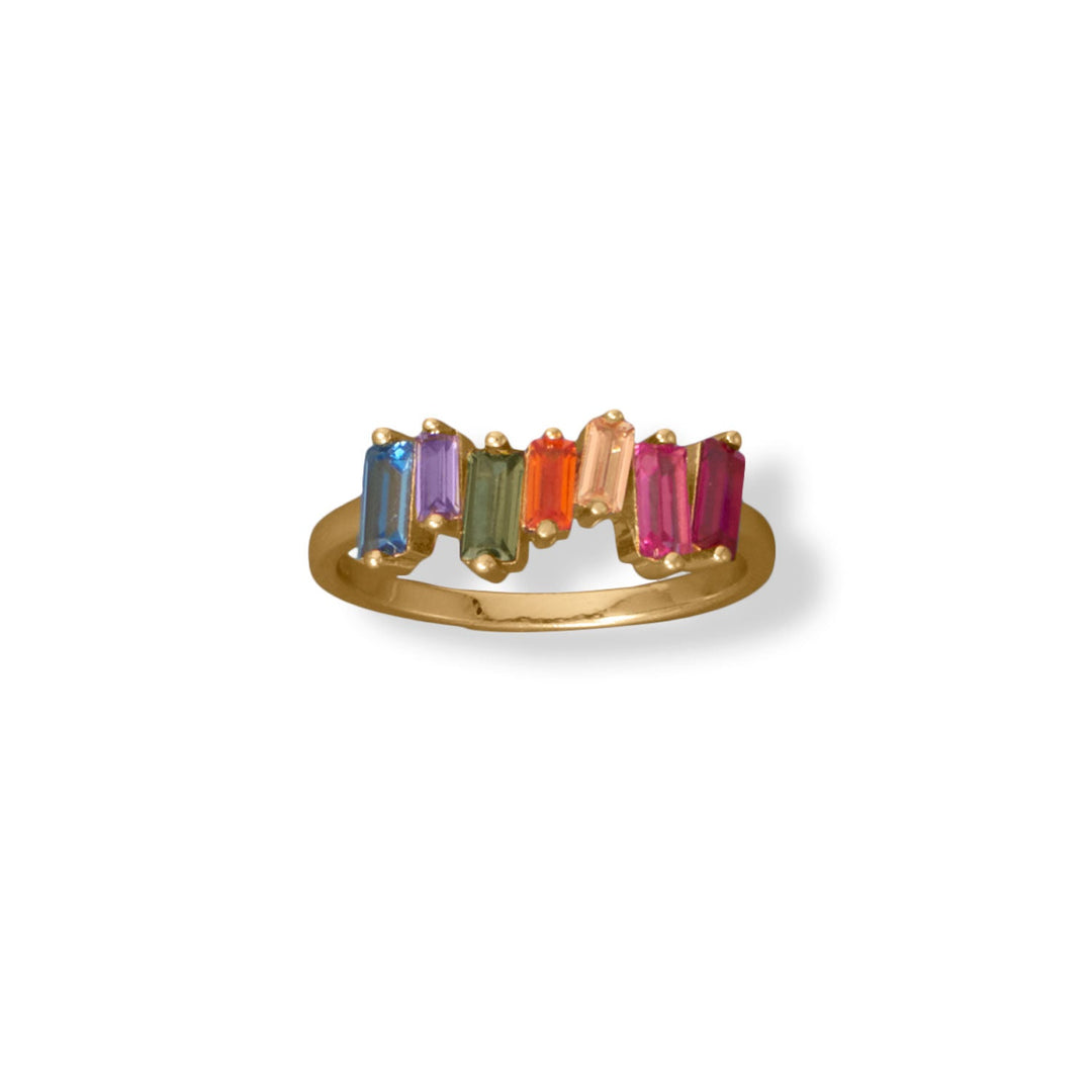 You're the pot of gold at the end of this rainbow! 14 karat gold plated sterling silver ring features staggered vibrant multi-color 2.5mm x 4.5mm rainbow CZs. Available in whole sizes 5-9. .925 Sterling Silver