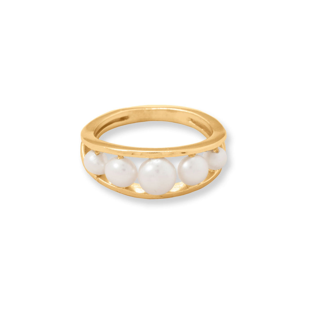 Indulge in the epitome of elegance with our 14 karat gold plated sterling silver ring. Adorned with graduated cultured freshwater pearls, ranging from 6mm to 4mm, this exquisite piece exudes timeless beauty. The band tapers from 8mm to 2.4mm, ensuring a comfortable fit. Crafted with .925 sterling silver, this ring is a true testament to luxury. Pair it effortlessly with any of our gold and pearl jewelry collection pieces for a truly opulent ensemble. Available in whole sizes 6-9.