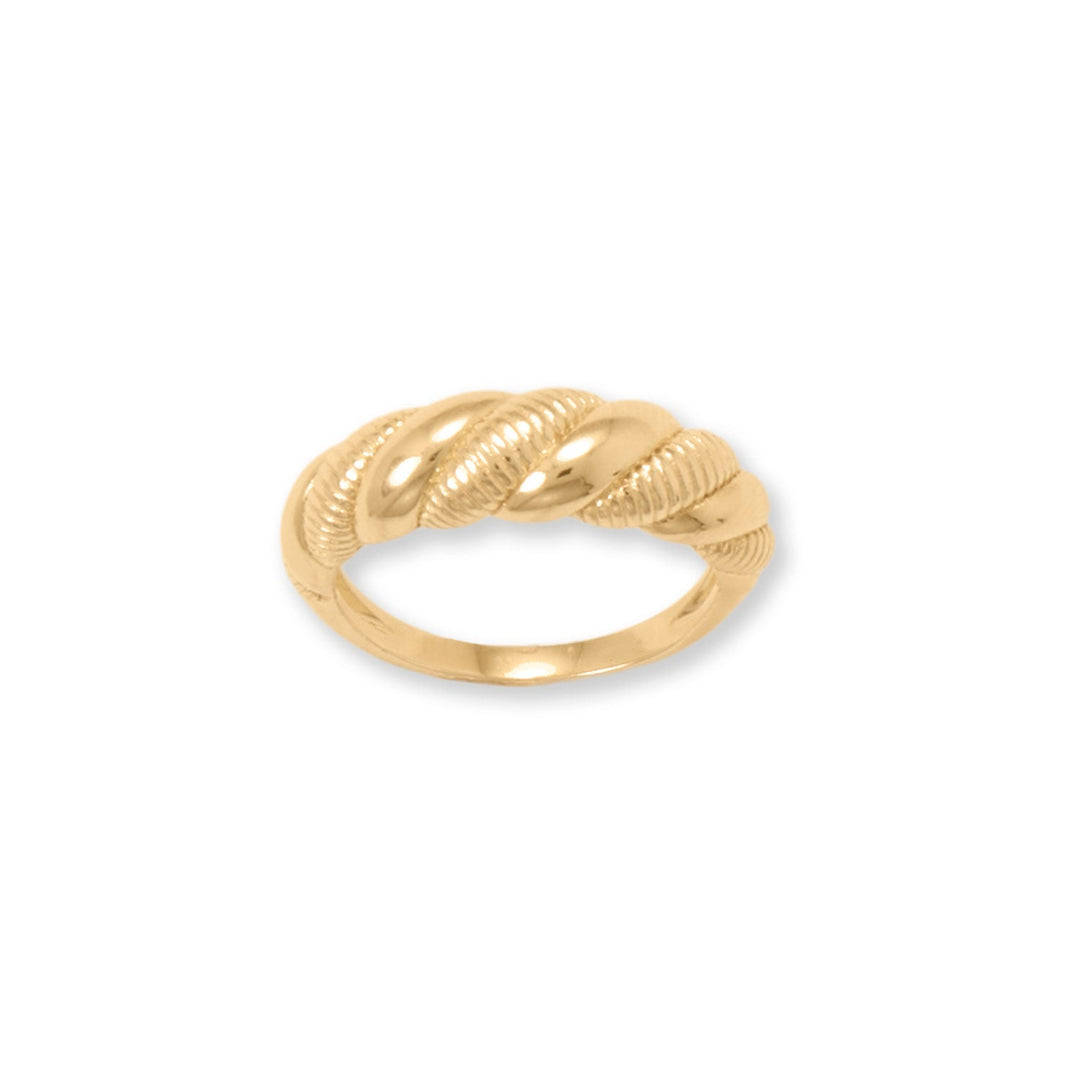 Indulge in the timeless elegance of our 14 karat gold plated sterling silver ring. With a polished and textured twist design, this piece exudes modern sophistication. Tapering from 6.5mm-2mm, it is available in whole sizes 6-9. Crafted from .925 sterling silver, this ring is a luxurious addition to any collection.