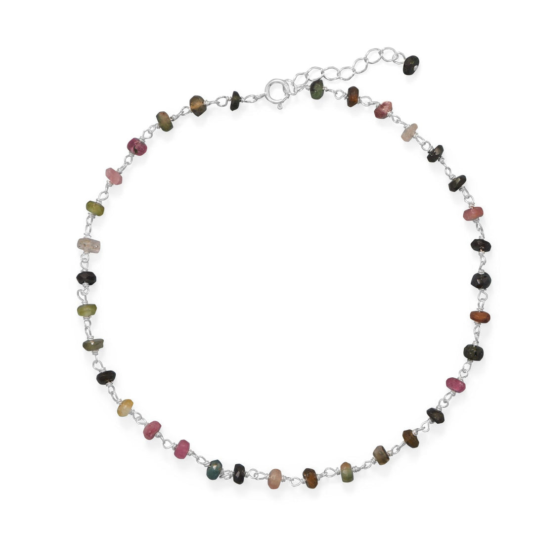 This colorful tourmaline and sterling silver anklet add a pop of color to any outfit! 9.5" anklet features a 1" extension and tourmaline rondell beads that measure approximately 2mm x 4mm. Spring ring closure. .925 Sterling Silver