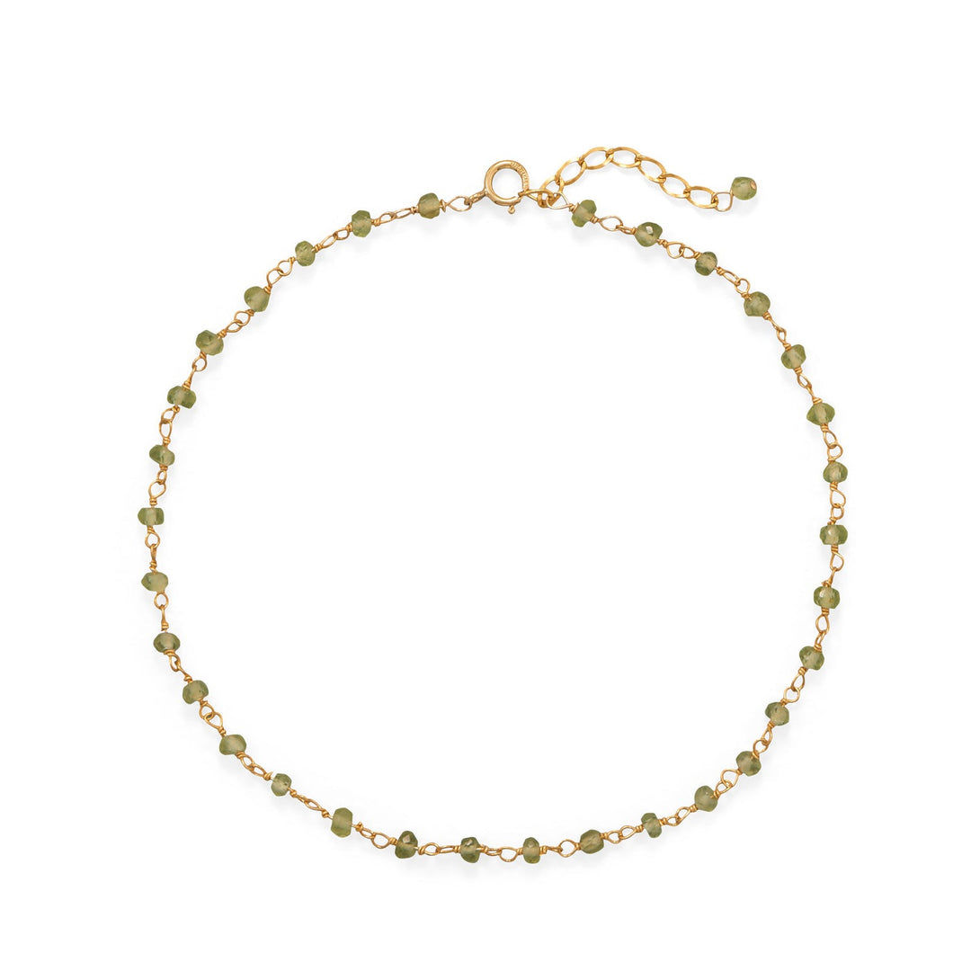The peridot gives this anklet a fresh look! 9.5" anklet with a 1" extension. 14 karat gold plated sterling silver chain features peridot that measures 1.5mm x 2.5mm. Spring ring and extension chain are 14/20 gold-filled. .925 Sterling Silver and 14/20 Gold Filled