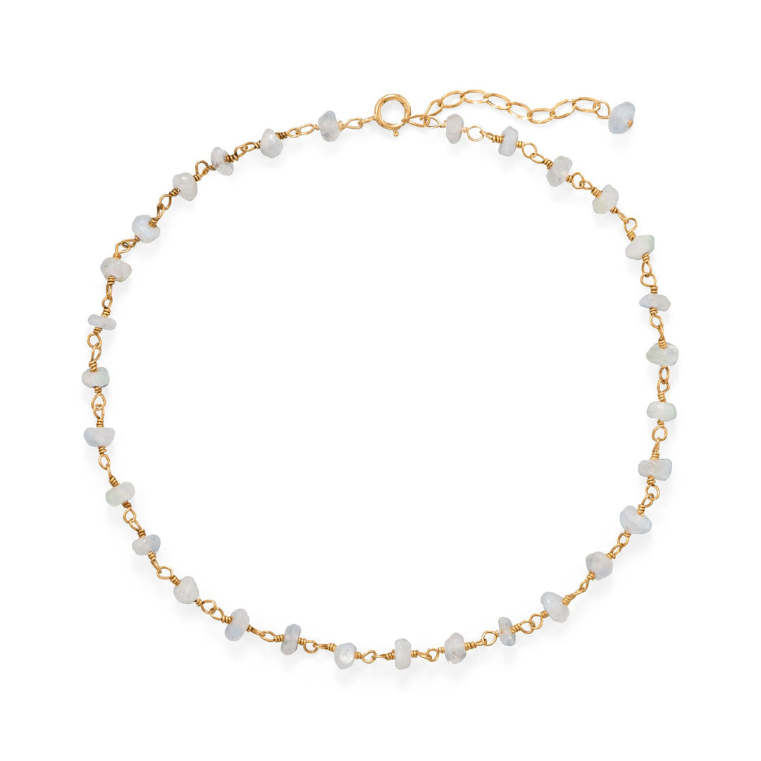 Resembling a glowing moonlight, our rainbow moonstone beaded anklet is a perfect and beautiful addition to any outfit. 9.5" anklet with a 1" extension. 14 karat gold plated sterling silver chain features rainbow moonstone rondells that measure 2mm x 4mm. Spring ring and extension chain are 14/20 gold filled.