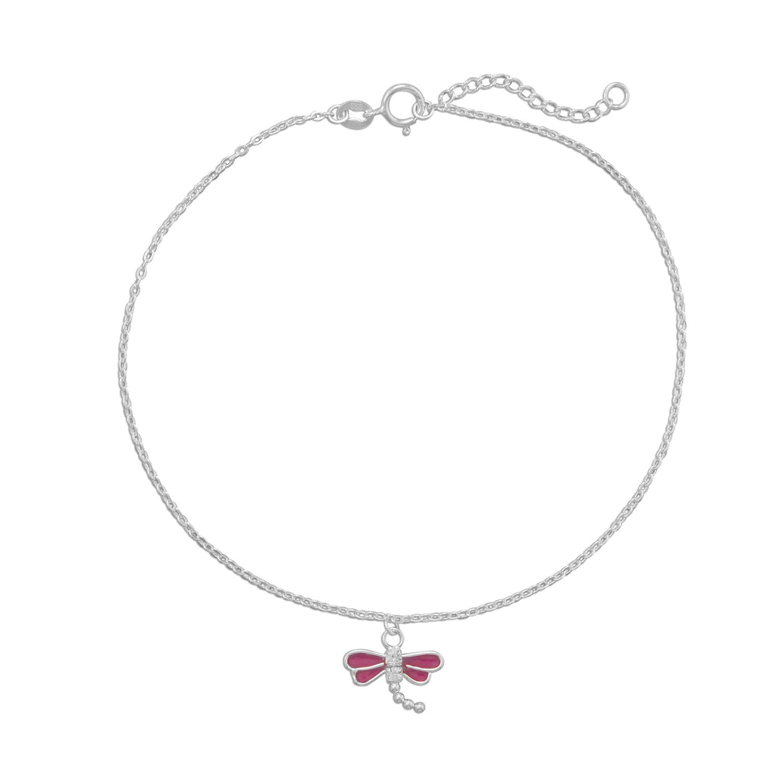 Introducing our exquisite Sterling Silver 9"+1" Anklet, a true masterpiece of craftsmanship and design. This anklet features a charming dragonfly with pink epoxy wings and a white cubic zirconia body. The beaded moveable tail adds an extra touch of elegance. The dragonfly's captivating beauty and intricate detailing are a sight to behold.
