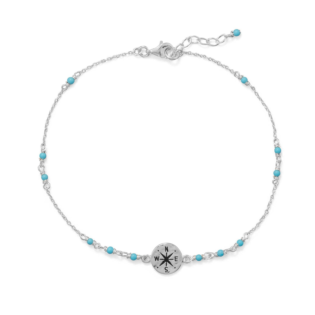 Discover the world with flair! Our stunning 9.25"+.75" sterling silver anklet is adorned with vibrant 2mm blue resin beads and a captivating 10mm hammered disc compass. With a secure lobster clasp, this anklet is the perfect accessory for your stylish adventures. Embrace wanderlust in style with .925 Sterling Silver.