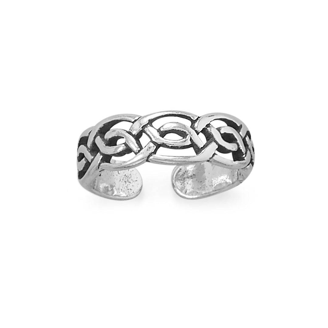 Experience elegance and mystique with our Oxidized Sterling Silver Celtic Design Toe Ring. A true work of art, crafted from .925 sterling silver with intricate details and an adjustable fit. Measuring approximately 16.5mm x 5mm, this toe ring is the perfect size to fit comfortably on your toe. The open design of the ring allows for adjustability, ensuring a snug and secure fit. Perfect for any occasion, invest in timeless beauty today!