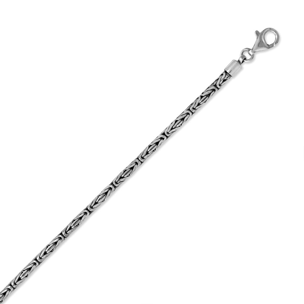 A classic Balinese chain. This oxidized sterling silver round byzantine chain is finished with a lobster clasp closure. Woven items are handmade, allow for slight variances in width. Handcrafted in exotic Bali, Indonesia with .925 Sterling Silver .
