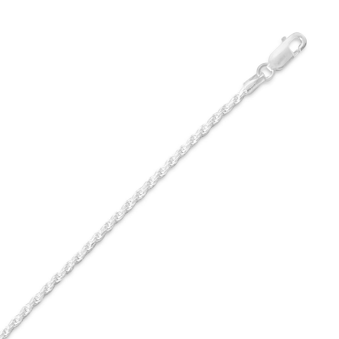 Introducing the Diamond Cut Rope Chain, a stunning piece of jewelry exuding elegance and sophistication. Crafted from .925 sterling silver in Italy, renowned for exquisite craftsmanship. Delicate yet sturdy at 1.7mm thickness, it adds sparkle and shine to any occasion. Available in various lengths, it pairs seamlessly with our sterling silver pendants or charms. The lobster clasp closure ensures security and peace of mind. A beautiful and elegant must-have for any jewelry collection.