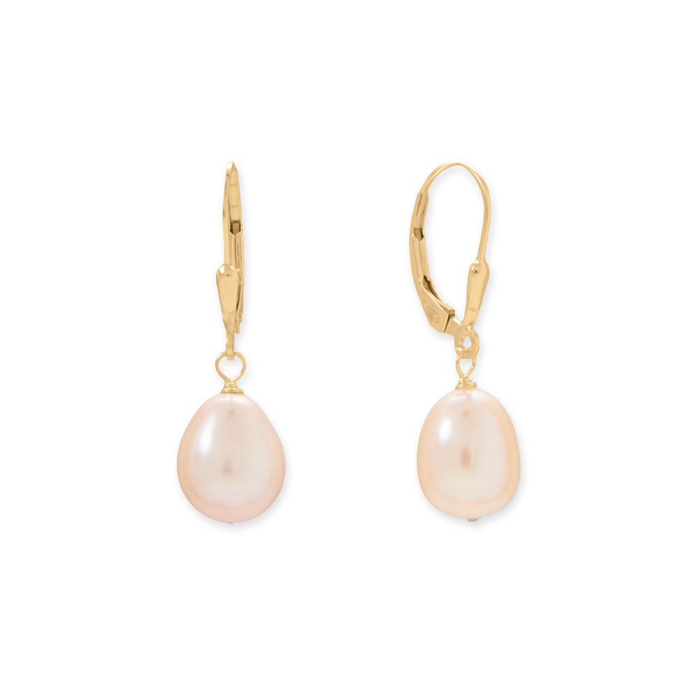 14/20 gold filled lever earrings feature 9mm natural color cultured freshwater rice pearls. Pearl color and shape will vary among pairs, from peach to pink to lilac, but color will match within the pair. Hanging length is approximately 30mm. 14/20 Gold Filled