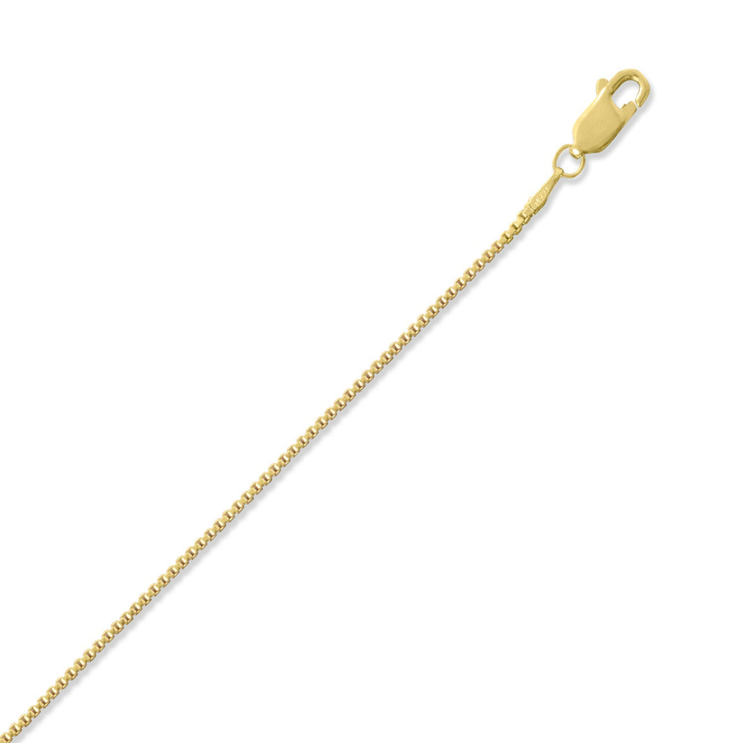Indulge in opulence with our 1 micron 14 karat gold plated sterling silver 019 box chain. The exquisite gold plating adds value to the already strong 1.1mm box chain, secured with a lobster clasp. Pair with our .925 Tribe collection pendants for a luxurious look. Made in Italy with .925 sterling silver.