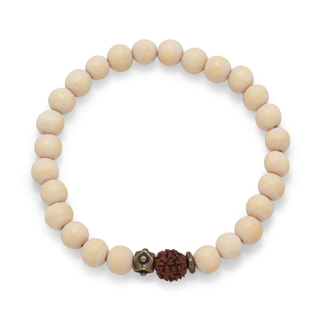 8.5mm white wood beads, 10mm Rudrashka seed bead and brass bead fashion stretch bracelet. The brass beads may vary from bead pictured. Bracelet measures approximately 8" around.