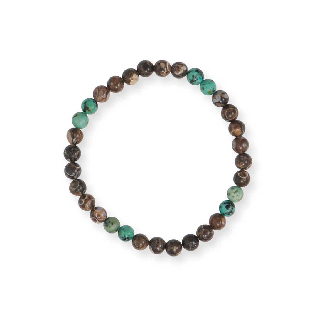 Introducing our 8" men's stretch bracelet, a stunning piece of jewelry that boasts a unique combination of 6.5mm jasper and 7mm African turquoise stones. Jasper is a type of chalcedony that is known for its grounding and stabilizing properties, while African turquoise is a type of Jasper that is believed to promote balance and inner peace.