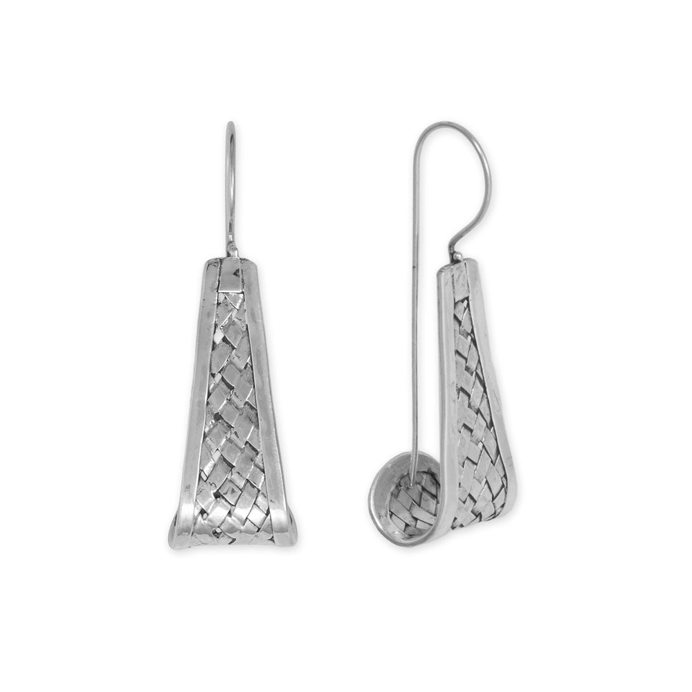 Intricate and beautifully designed. Oxidized sterling silver french wire earrings are hand woven and hang approximately 43mm and taper from 6mm to13mm in width. Handmade items will have slight variances. Handcrafted in exotic Bali, Indonesia  .925 Sterling Silver