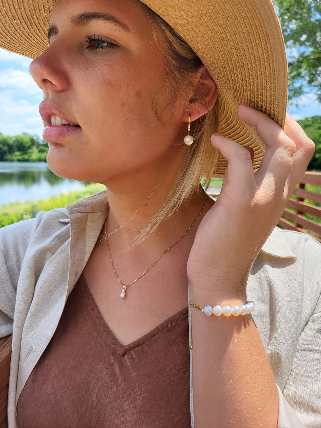 Gold and pearl bolo bracelet pair with our other gold and pearl jewelry pieces.