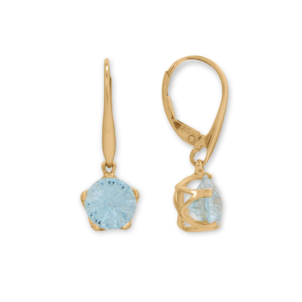 Capture pure elegance with these stunning earrings! 14kt gold lever earrings feature an 8mm precision cut blue topaz in openwork detail settings. Earrings have a hanging length of 27mm. 