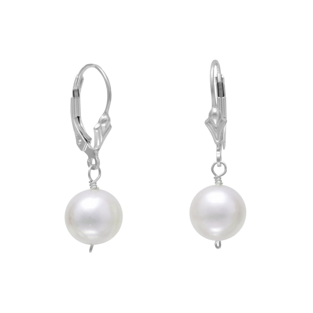 Sterling silver lever earrings feature 9mm white pearls and have a hanging length of 27mm. .925 Sterling Silver