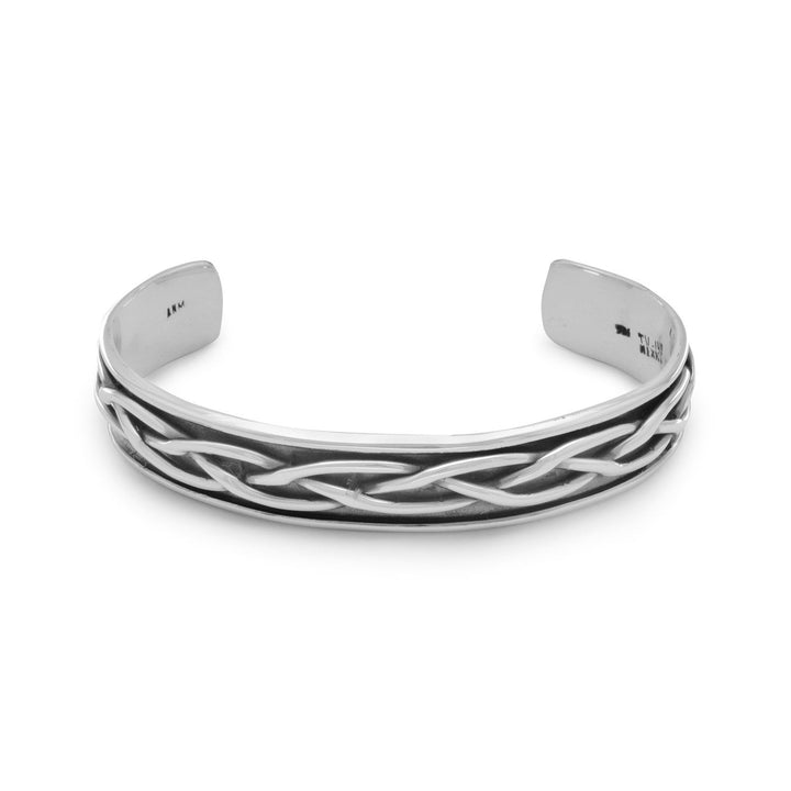 Oxidized sterling silver braided men's cuff bracelet. Cuff measures approximately 62mm x 47mm wide. .925 Sterling Silver