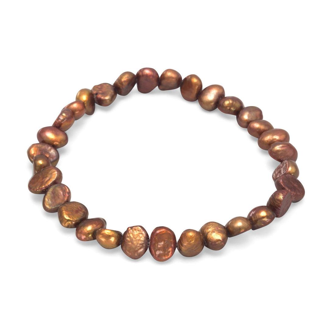 Introducing the Bronze colored Cultured Freshwater Pearl Stretch Bracelet, a stunning piece of jewelry that exudes elegance and sophistication. This bracelet features cultured freshwater pearls that range in size from 6mm to 8mm, providing a beautiful and varied texture.