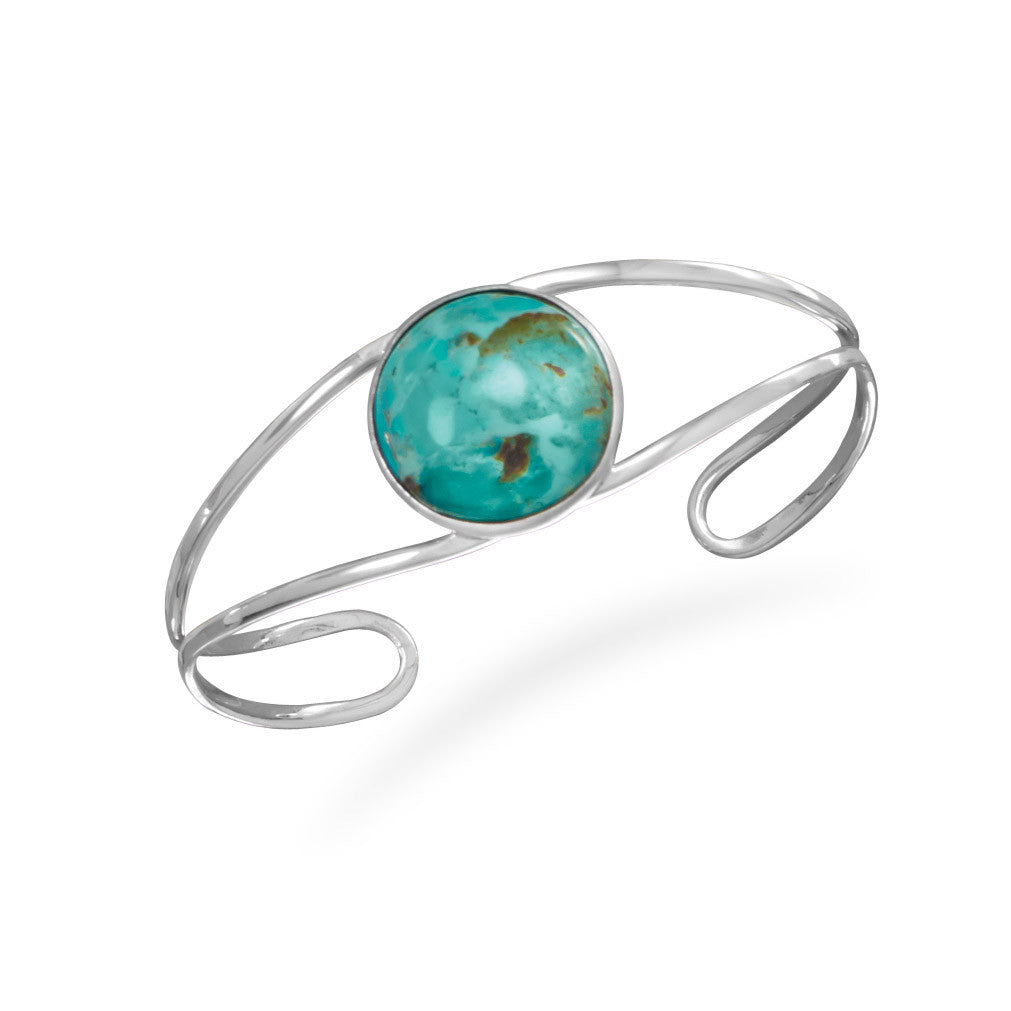 Sterling silver open band cuff bracelet with a round 18.5mm reconstituted turquoise center stone. .925 Sterling Silver