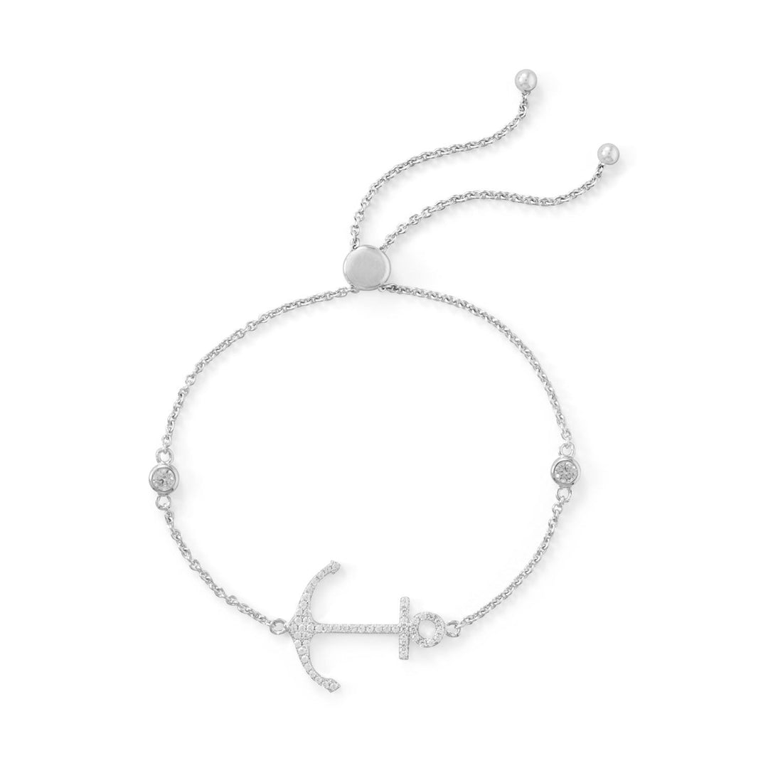 Introducing our stunning adjustable anchor bracelet! Made with rhodium plated Signity cubic zirconia, it's a true beauty. The anchor symbolizes strength and stability, making it a meaningful gift for water lovers. Pair it with our nautical themed jewelry for a complete look.