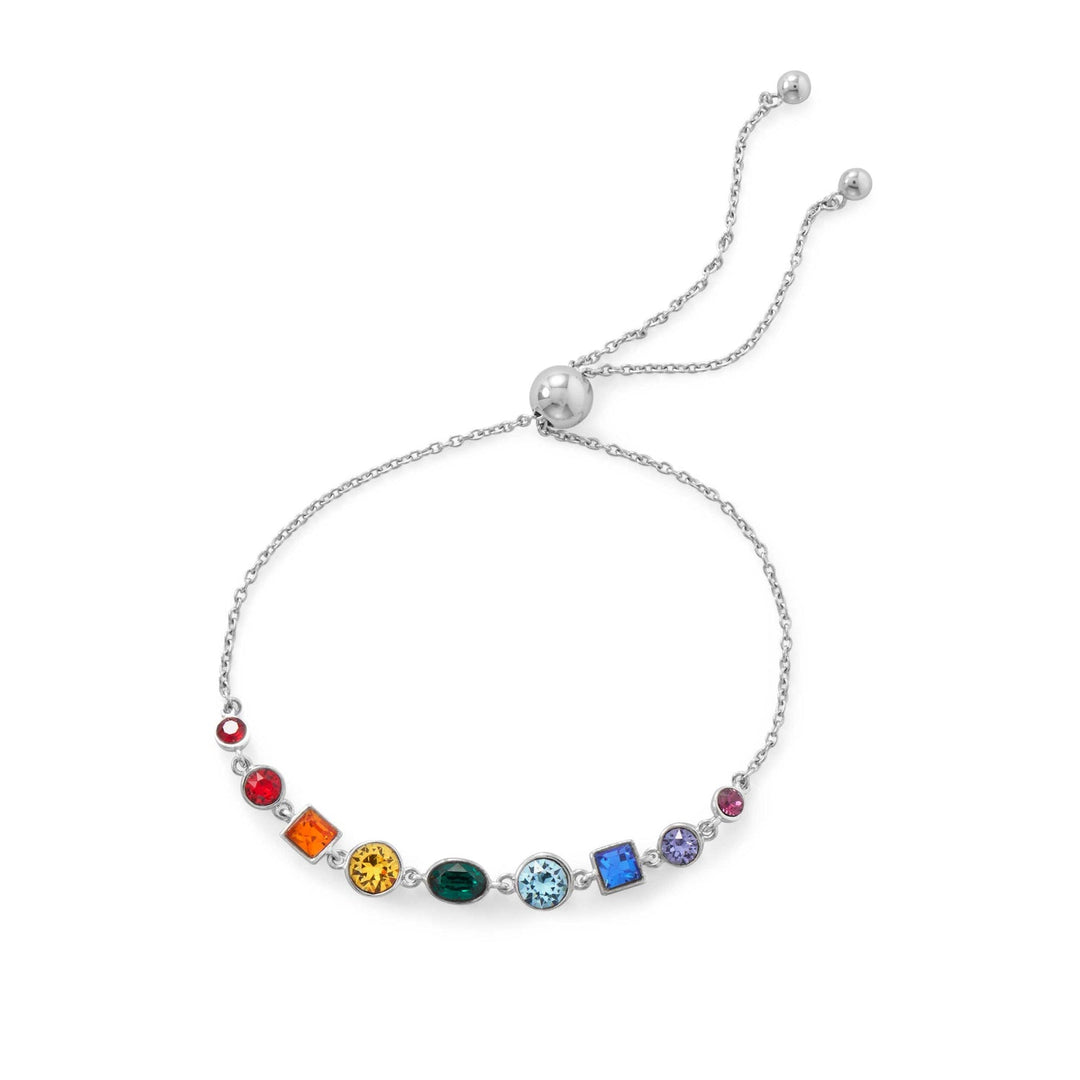 Introducing our exquisite Rainbow Bright adjustable friendship bolo bracelet, crafted in rhodium plated sterling silver. Adorned with an array of dazzling Swarovski crystals, ranging from 4mm to 6.4mm, on a delicate 1.4mm cable chain. This luxurious piece is designed to fit most wrists, thanks to its 7mm stopper bead and 3.7mm finishing beads. Perfectly complements our other rainbow crystal jewelry pieces.